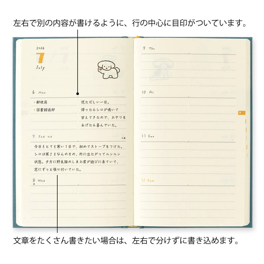 Kalendarz Midori Diary Book Type B6 2026 | Niebieskozielony z psami - Image 3